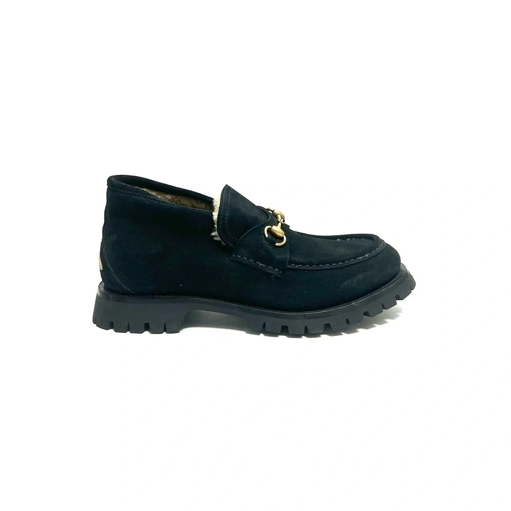 GUCCI | Mens black suede shearling lined Harald Horsebit platform loafers